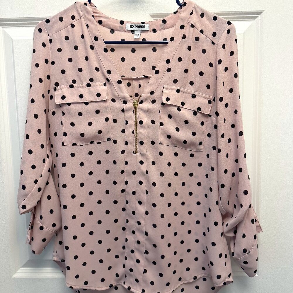 Express Long Sleeve Half-Zip Blouse in Pink with Polka Dots - Size Small